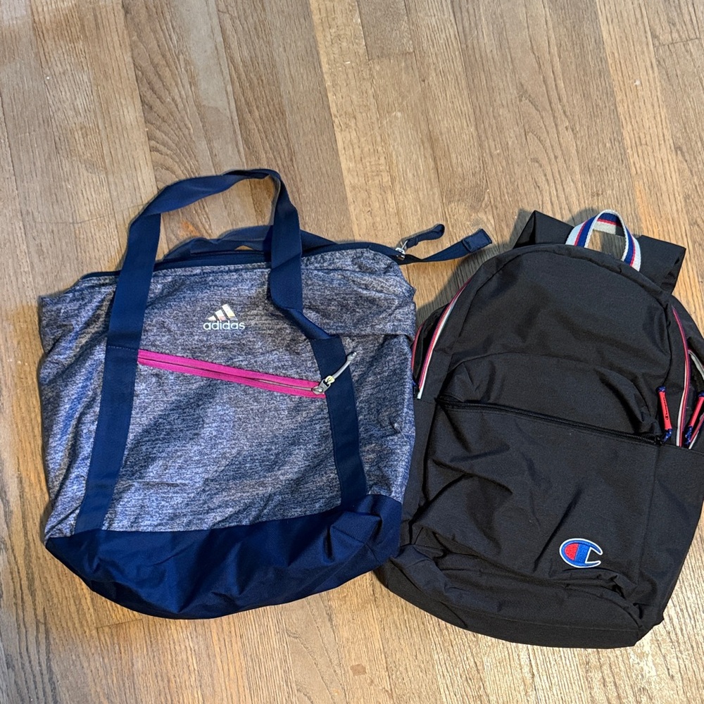 Adidas Gray and Navy Bag with Pink Accent And Champion Backpack black